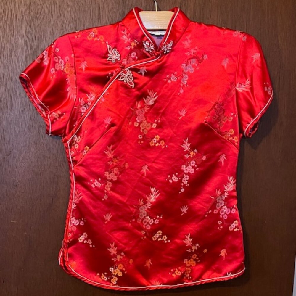 Red Traditional Chinese Women's Short Sleeve Blouse Mandarin Collar